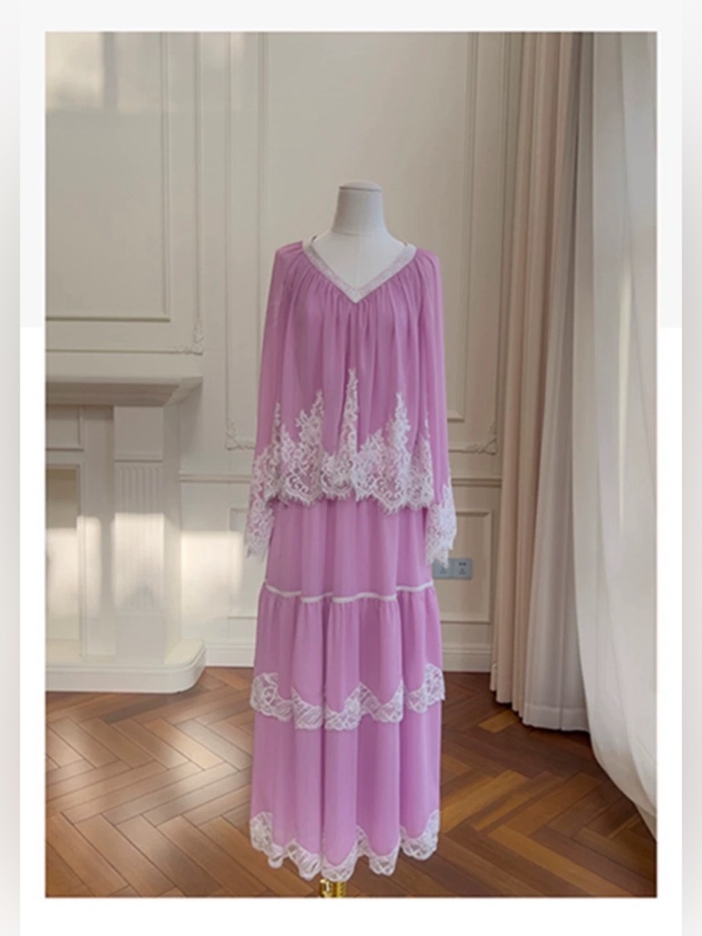 2PC Pink Slip Dress Lace Bell Sleeve Top Set French Romantic S